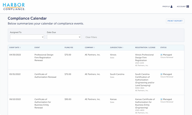 A screenshot of our Compliance Calendar software