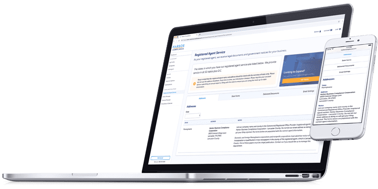 A showcase of our Registered Agent software on a laptop and phone