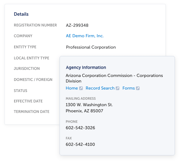 A screenshot of an entities details and agency information