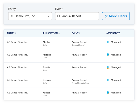 A screenshot of a list of entities