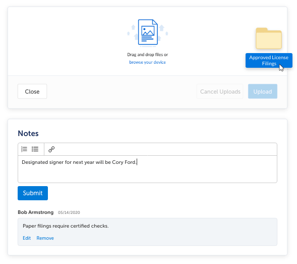 A screenshot of license documents being uploaded and a note being written for those documents