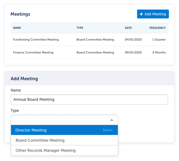 A screenshot of a list of meetings and a new meeting being created