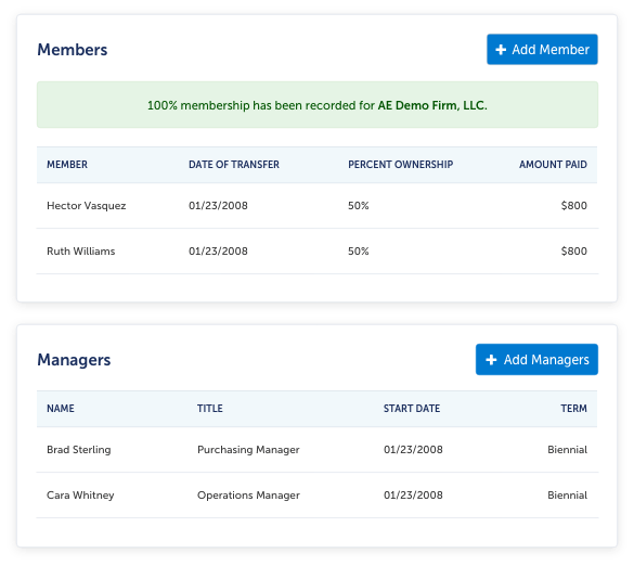 A screenshot of a list of members and managers in an entities structure