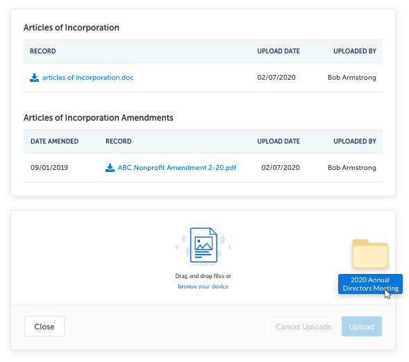 A screenshot of Articles of Incorporation documents uploaded into our software