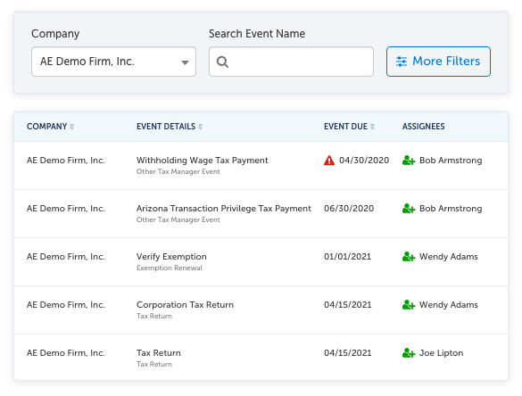 A screenshot of upcoming tax registration events