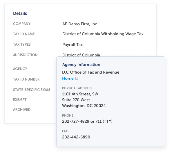 A screenshot of a set of tax registration details and agency information
