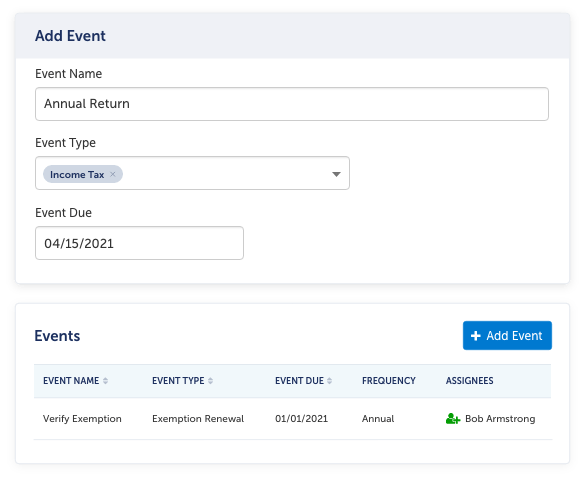 A screenshot of adding an event for a tax registration